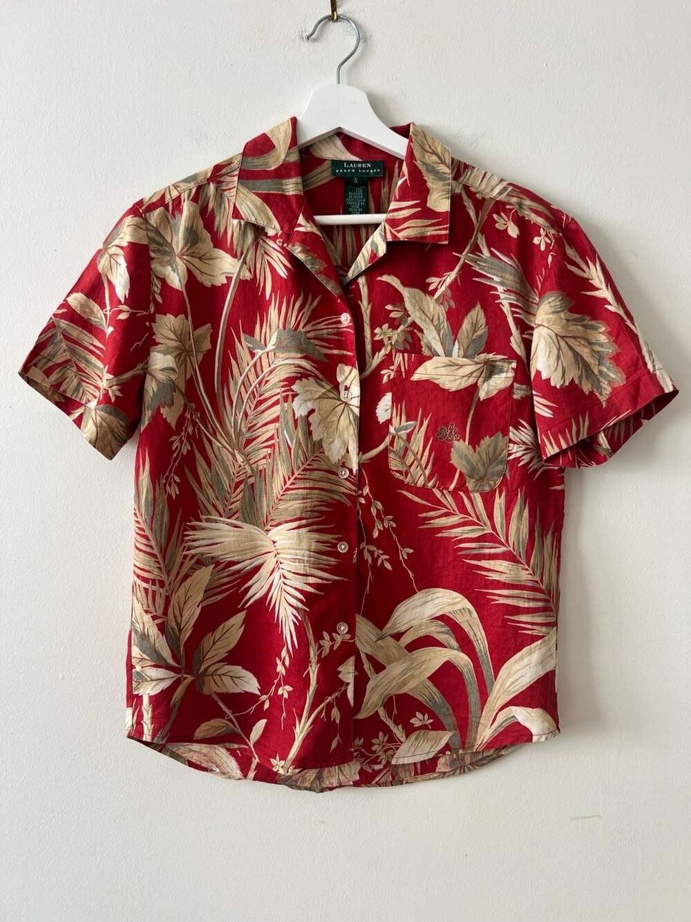 Lauren Ralph Lauren Women's Red Tropical Floral Print 100% Linen Blouse Small